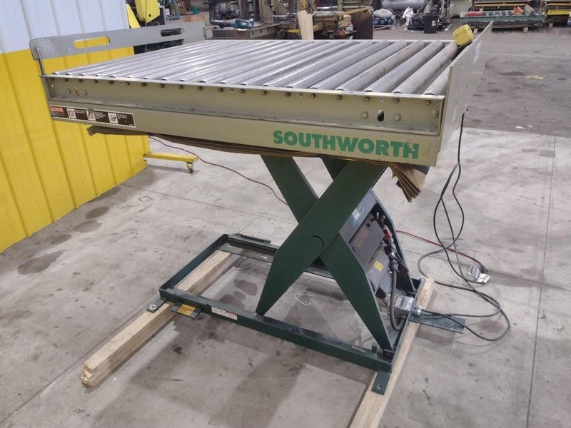 3800 LBS X 60" X 42" SOUTHWORTH MODEL #LS4-36 HYDRAULIC SCISSOR LIFT TABLE WITH ROLLER TOP, 110 VOLT: STOCK #20882