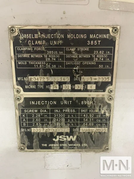 385 TON 23.2 OZ JSW MODEL J385ELII ELECTRIC INJECTION MOLDING MACHINE MFG 2005