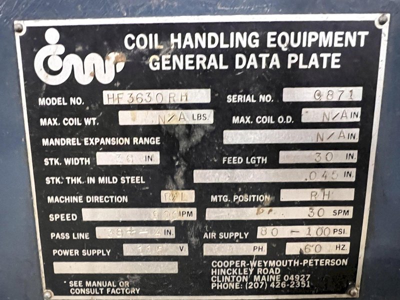 36" WIDE X 30" STROKE CWP MODEL #HF3630RH GRIPPER AIR FEEDER: STOCK #12695