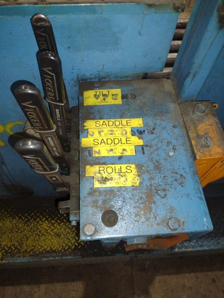 20,000 LBS BRANER HYDRAULIC COIL UPENDER WITH POWER FEED CONVEYOR: YOBRO #25238
