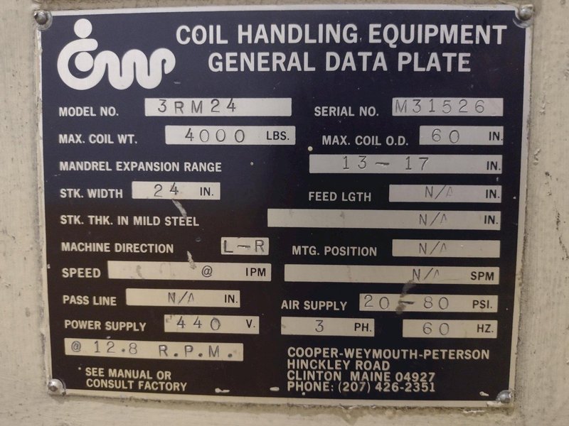 4000 LBS X 24" COOPER WEYMOUTH MODEL #4RM24 MOTORIZED UNCOILER COIL REEL: YOBRO #25767