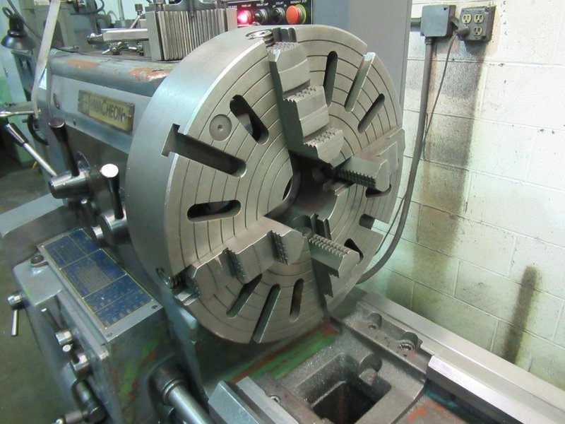 Hwacheon HL580 28/39&quot; x 79&quot; Gap Bed Engine Lathe,  2-Axis DRO, Geared Head, 19-1/2&quot; Chuck, 3&quot; Hole, (2) Steady Rests, QC Tool Post, Tailstock- Auction Item