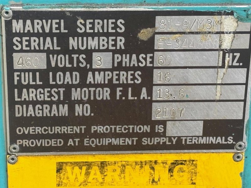 18” X 20” MARVEL MODEL #81-9/M3M SEMI-AUTO MITRE HEAD VERTICAL BAND SAW: STOCK #23008