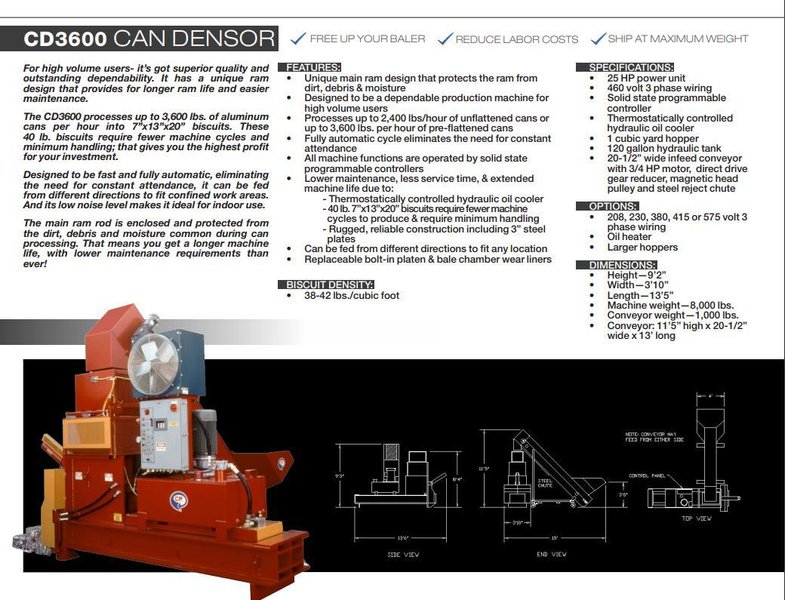 CP MFG &quot;CAN-DENSOR 600&quot; HYDRAULIC METAL HORIZONTAL BALER: STOCK #16682
