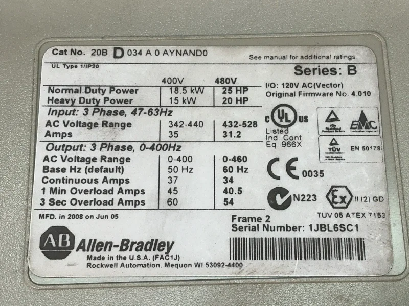 ALLEN-BRADLEY 25HP POWERFLEX 700 SERVO DRIVE  -  20BD034A0AYNAND0