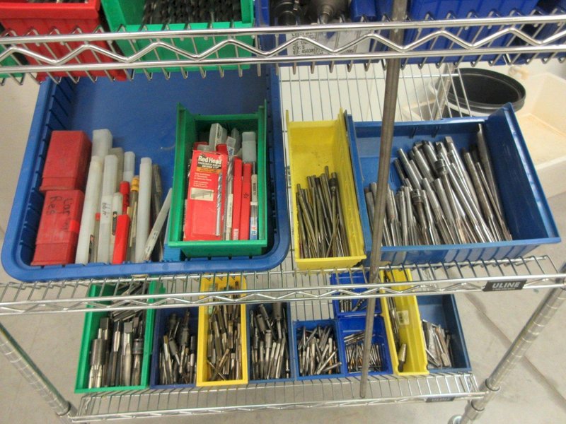 Drills, Large Assortment including, Hammer Drills, Reamers, Counter Sinks Taps On MORE on Uline 4-Shelf 36" x 24" x 78" Metal Wire Rolling Cart- Auction Item