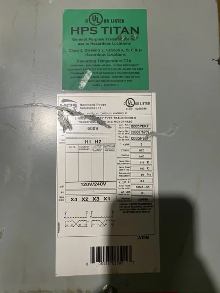 Hammond Power Solutions – Q005PEKF Transformer 600V – 120/240V, 5 kVA USED