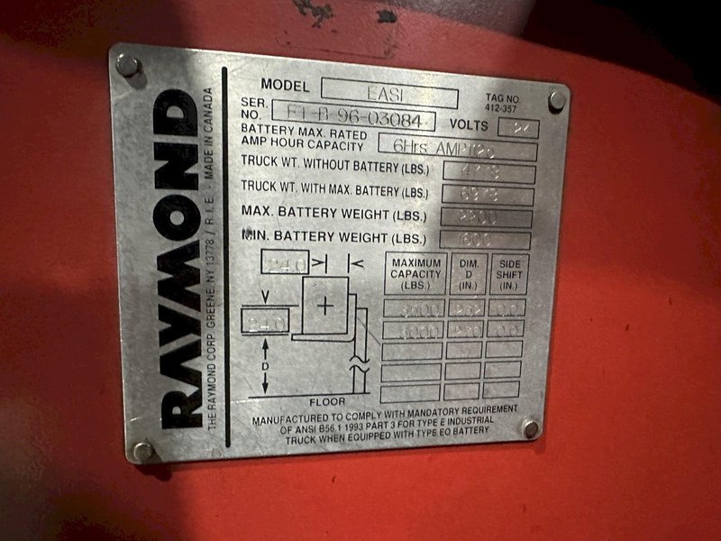 3,500 LB RAYMOND MODEL #EASI DEEP REACH ELECTRIC FORK LIFT TRUCK: STOCK 22098