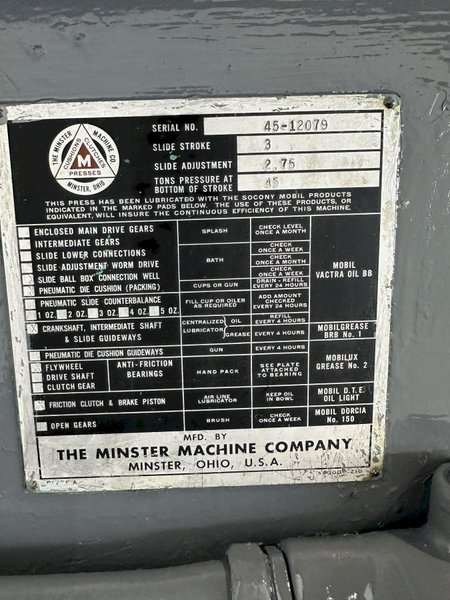 45 TON MINSTER 45 OBI PRESS. STOCK # 0328026