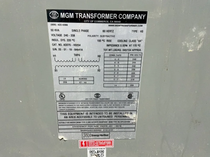 MGM TRANSFORMER COMPANY 50 KVA TRANSFORMER  -  AD270-H0254