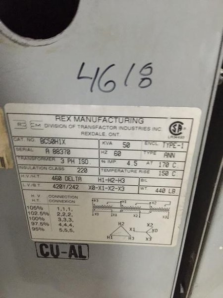 Rex Autotransformer Transformer  50KVA 460 V Primary 
440 – 400 V Secondary