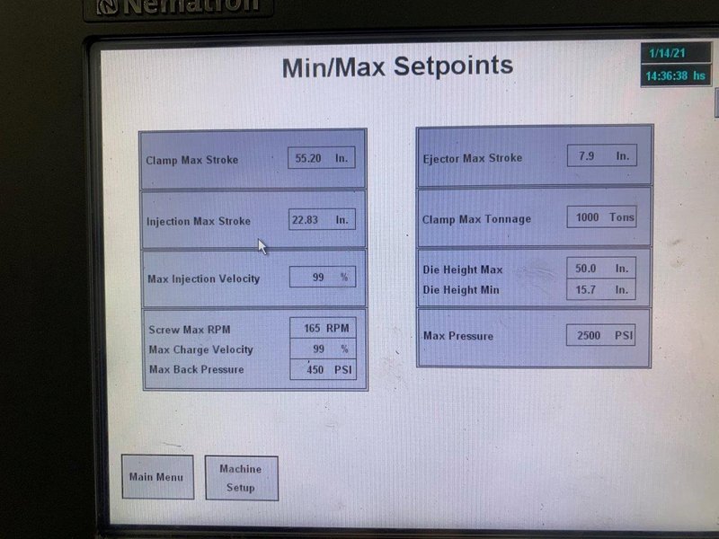 UBE Used UZ1000 Injection Molding Machine, 1000 US ton, 148 oz.