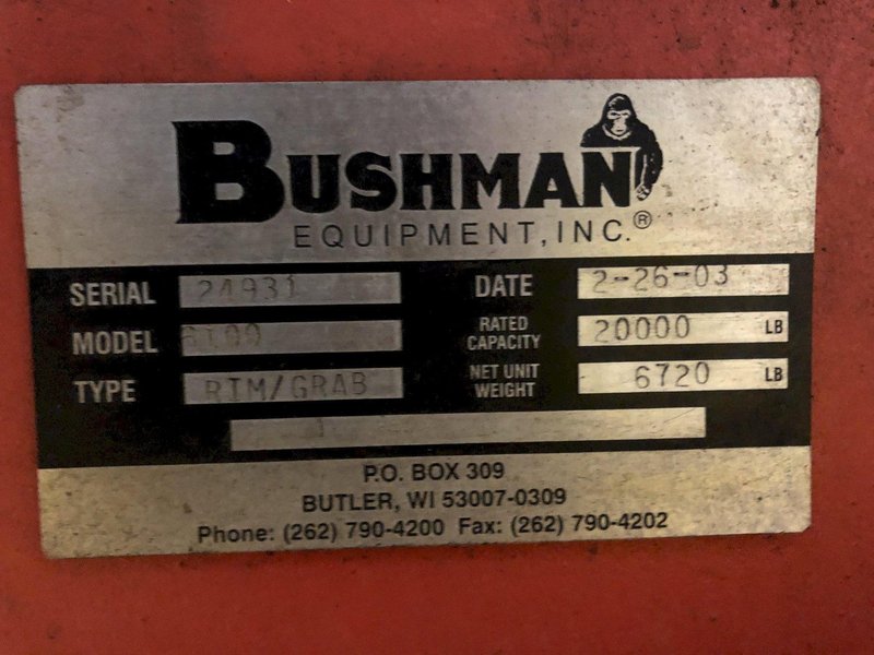 20,000 LB 10 TON BUSHMAN MODEL 6100 SINGLE RIM VERTICAL COIL LIFTING TONG SCISSOR TYPE COIL LIFT: STOCK #15815