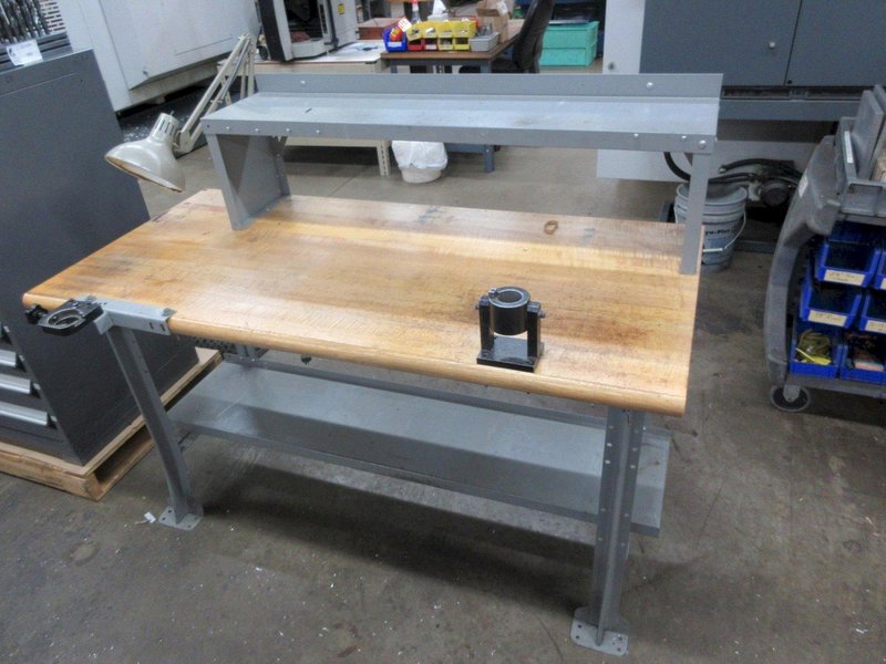Butcher Block Top Work Bench with Upper and Lower Shelf, CAT40 Tool Vises- Auction Item
