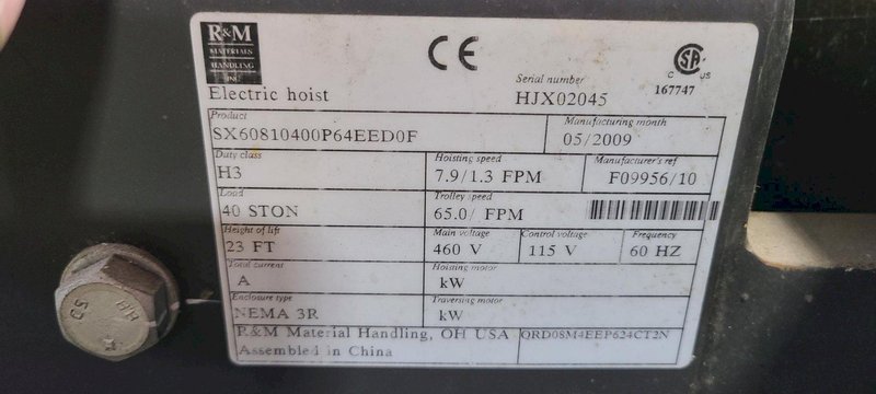 Dual 40 Ton Dearborn Overhead Crane, 2009 – 80 Ton total capacity