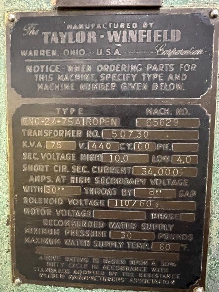 75 KVA TAYLOR WINFIELD ENC-24-75 AIR OPEN SPOT WELDER: STOCK #11148