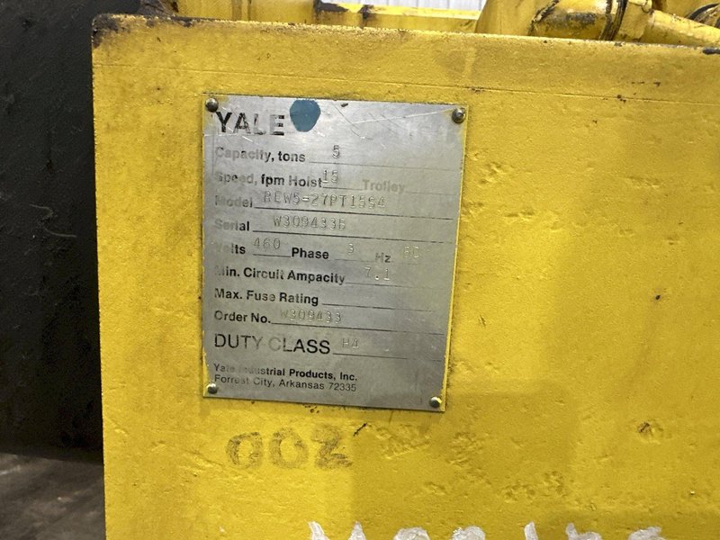 5 TON YALE PATRIOT SERIES 2000 UNDERHUNG CRANE HOIST WITH POWER TROLLEY : YOBRO #25281