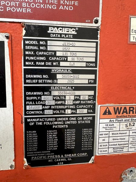 135 TON X 10' PACIFIC HYDRAULIC PRESS BRAKE: STOCK #77100