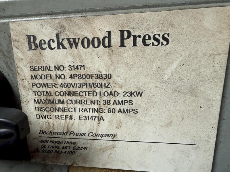800 TON BECKWOOD MODEL #800-30-38 4 POST HYDRAULILC PRESS 12” STROKE : YOBRO #26049