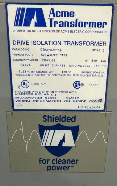34 KVA Acme Transformer DTHA-034-4S, 575 Primary, 230Y/133 Secondary