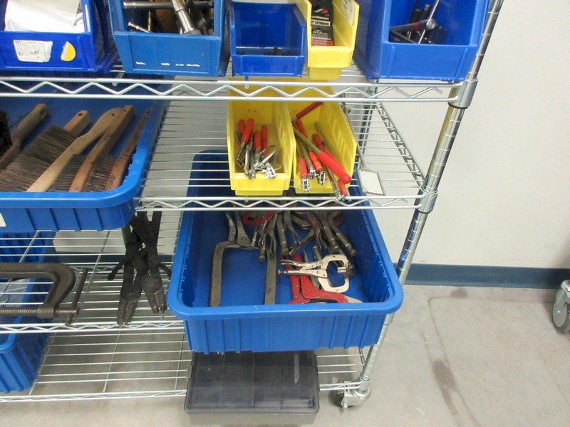 Hand Tools, Large Assortment including Socket Set, Rachet Wrenches, Clamp, Tap Wrenches, Drill Chucks, O-Ring Kit and MORE on 6-Shelf 48" x 18" x 78" Metal Wire Rolling Cart- Auction Item