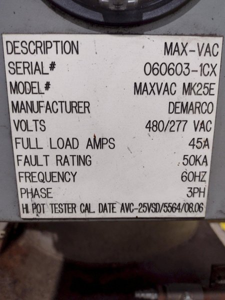 25 HP DEMARCO MODEL #MK25E &quot;MAX-VAC&quot; PORTABLE INDUSTRIAL VACUUM SYSTEM: STOCK #19578