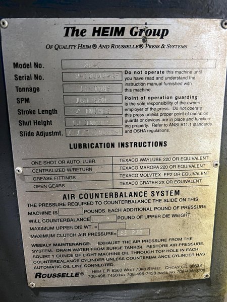 15 TON ROUSSELLE MODEL #2E-F OBI PRESS, 2" STROKE: STOCK #20171