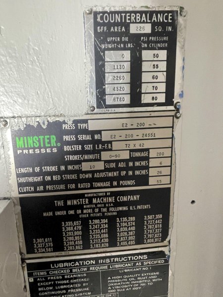 200 ton Minster E2-200-72-42 Hevi-Stamper Straight Side Mechanical Metal Stamping Press For Sale, Year  1980