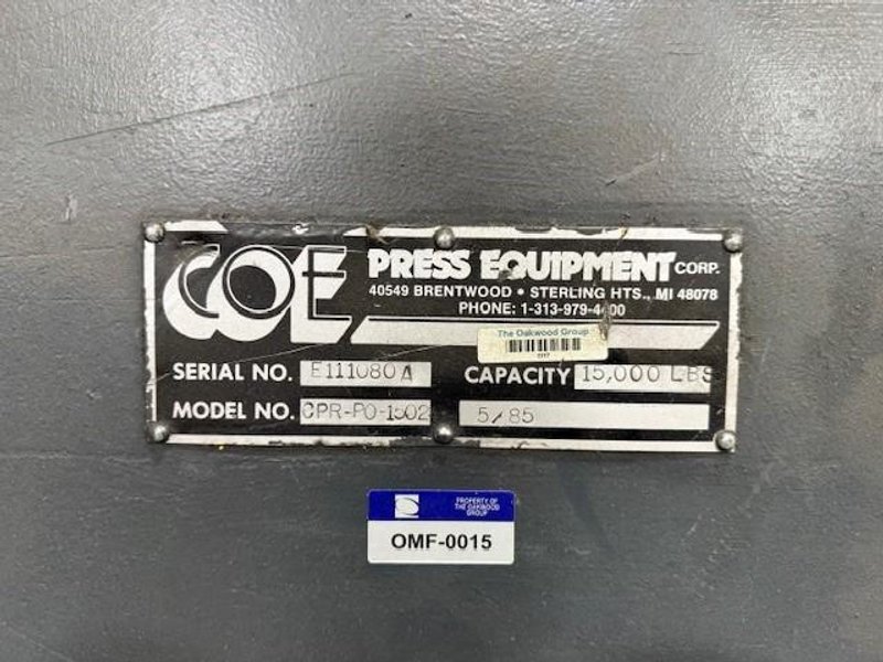 15,000 lbs. x 24&quot; Coe Press Equipment Coil Reel and Straightener For Sale, Model CPR-PO-15024 &amp; CPPS-350