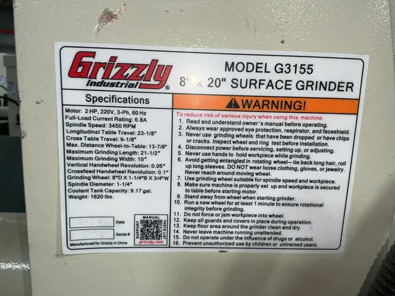 Grizzly 8” X 16” Surface Grinder - G3155