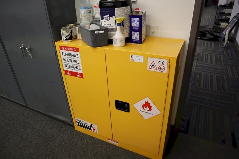 Yuquan 2 Door Locking Flammable Cabinet with Adjustable Shelves and Contents of Chemicals, Paint, Cleaners- Auction Item
