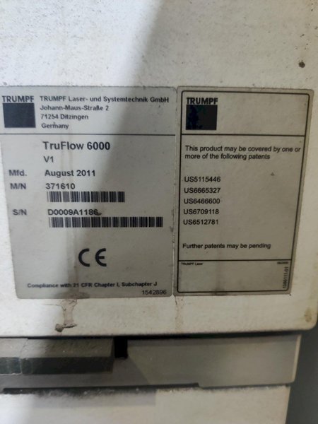 6,000 WATT TRUMPF TRULASER 8000 WITH TRUFLOW 6KW RESONATOR. STOCK # 0690524