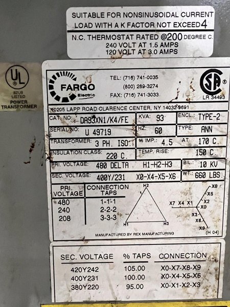 93 KVA X 480 X 400Y/231 VOLT FARGO ELECTRICAL TRANSFORMER: STOCK 22273
