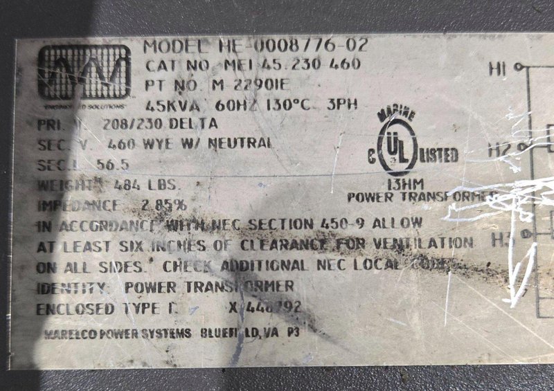 MARLECO M-2290IE TRANSFORMER 45KVA 208/230HE-0008776-02 460V USED