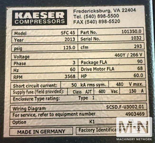 60 HP Kaeser SFC 45 Rotary Screw Air Compressor