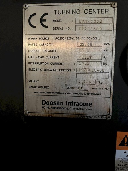 DOOSAN LYNX 220C CNC LATHE STOCK #3403