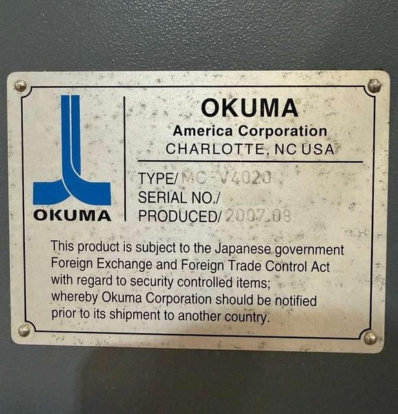 Okuma MC-V4020 CNC Vertical Machining Center – 4th Axis Mill