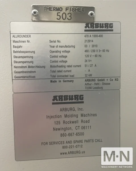 110 TON 8.8 OZ ARBURG MODEL 470A1000-400 SERVO ELECTRIC INJECTION MOLDING MACHINE MFG 2010
