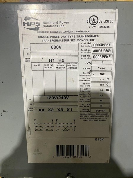 Hammond Power Solutions – Q003PEKF Transformer 600V – 120/240V, 3kVA USED