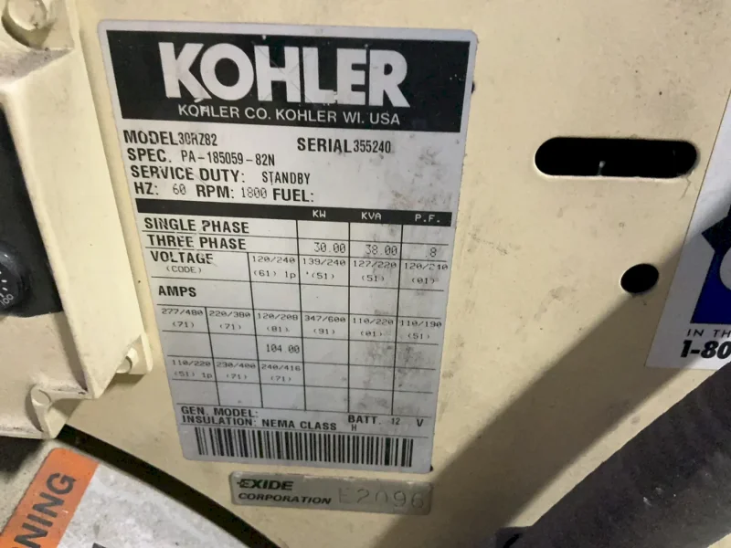 KOHLER 30 KW DIESEL GENERATOR   -  30RZ82