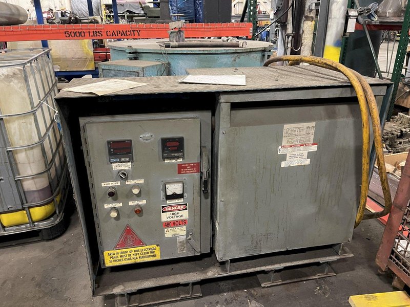 Hiteq portable electric resistance furnace system s/n 2402 with 75kw transformer rated at 75kva, 240x480 high volts, 120/240 low volts, single phase, and controls, crucilbe inside 21&quot; x 23&quot; deep id, looks to be approx. 250# aluminum capacity