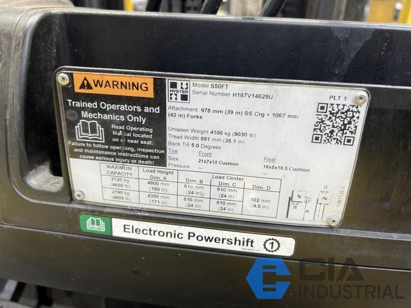 2021 - 5,000 LB. HYSTER S50FT SOLID TIRE LP GAS FORKLIFT