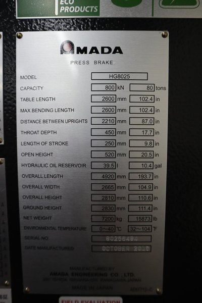 Amada HG 8025 CNC Hydraulic Press Brake, 88 Ton x 102.4", AMNC 3i Controls, Down-Acting, Curtains -New 2016