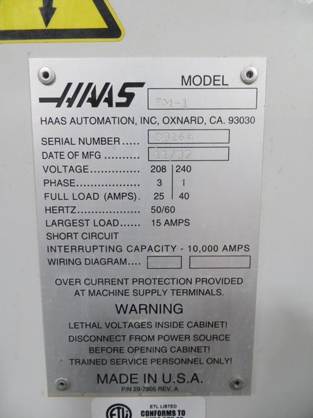 Haas TM-1 CNC Tool Room Mill, Haas 32-Bit CNC Control, 40 Taper, Splash Guards, Coolant Tank &amp; Pump- Auction Item