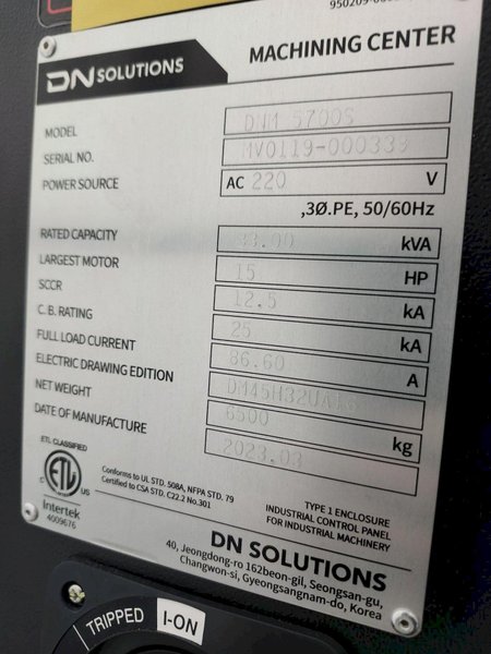 DN Solutions - DNM 5700S CNC Vertical Machining Center,  X 41.3, Y 22.4, Z 18.1 Trvls, 15000 RPM,  40 ATC, HP Coolant, Fanuc Oi-Plus, 20.1/49.6 Hp,  (New 2023)