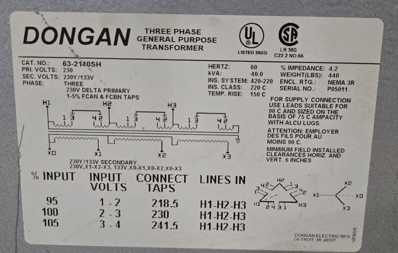 DONGAN 63-2140SH 230V 40KVA TRANSFORMER WITH DISCONNECT SWITCH USED