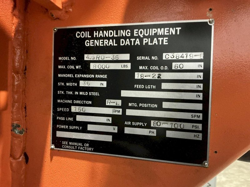 8,000 LB X 36" CWP MODEL #4.5RD-36 DOUBLE END PULL OFF COIL REEL UNCOILER : YOBRO #25028