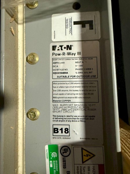 EATON 2500A POW-R-WAY III 10′ Copper Straight Length 480V, 3PH, 3G NEW