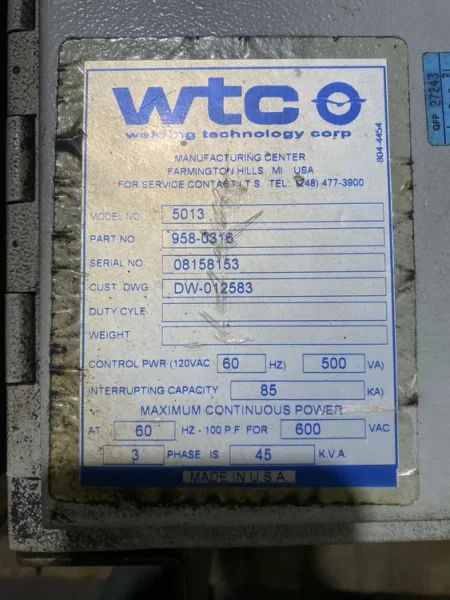 WTC – 5013 Weld Controller PN 958-0316 USED