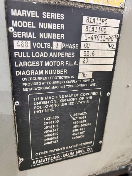 18&quot; X 20&quot; MARVEL MODEL #81A11-PC  AUTOMATIC FEED VERTICAL BAND SAW: STOCK #20755